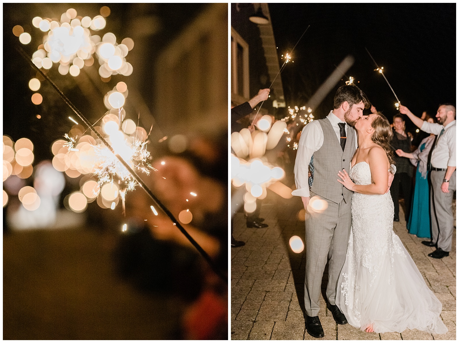 bride and groom kiss during sparkler exit at the end of the wedding.