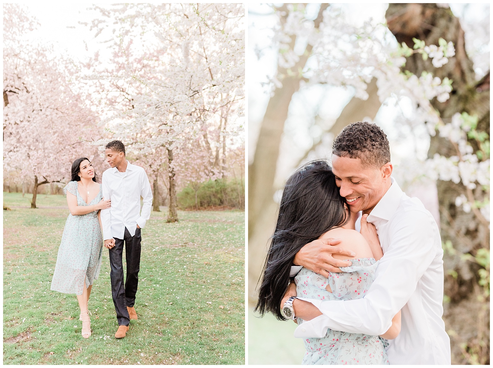 A man hugs his fiance in Branch Brook Park under the cherry blossom trees.