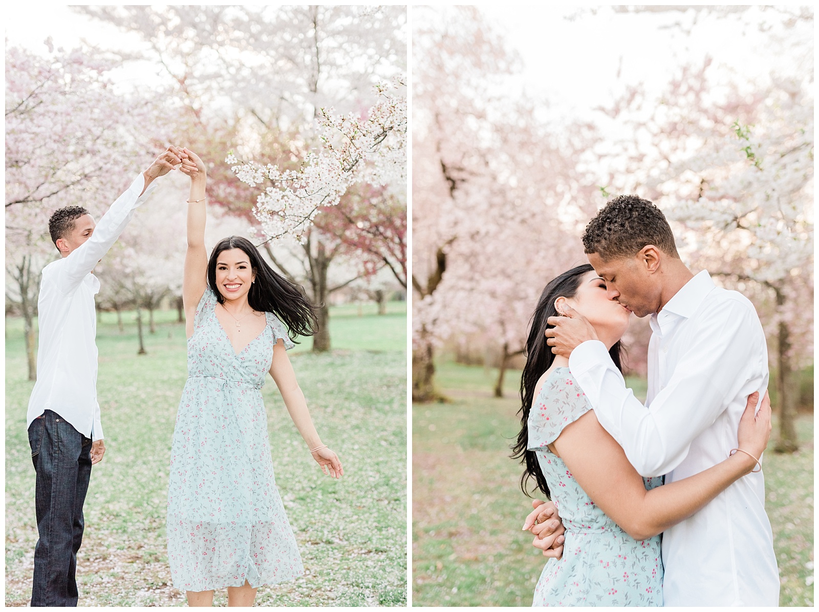 A man dances with a woman in a light blue spring dress under the cherry blossom trees in Branch Brook Park.