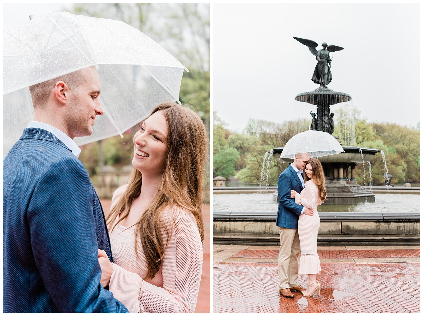 A couple shares an umbrella in front of Bethesda Fountain.