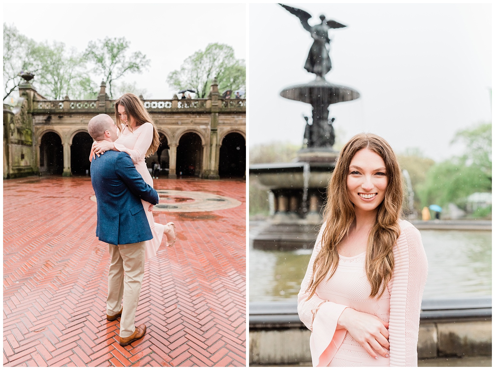 A man lifts his soon to be wife in front of Bethesda Terrace.