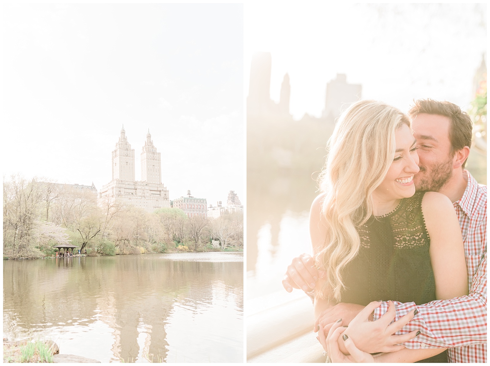 A man hugs his fiance from behind in the golden light on Bow Bridge in Central Park, NYC.