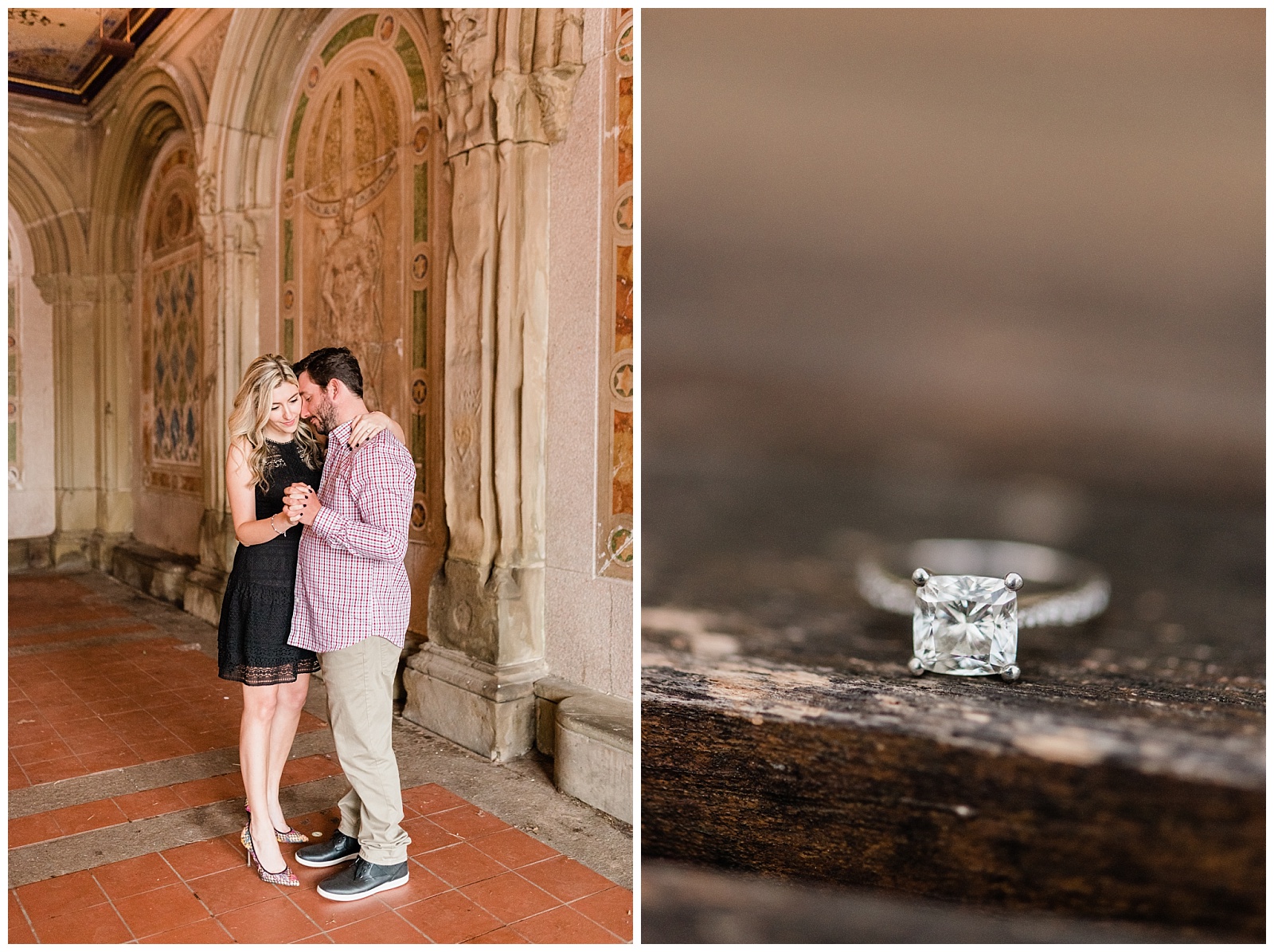A couple dances together in Bethesda Terrace, paired with a diamond engagement ring.