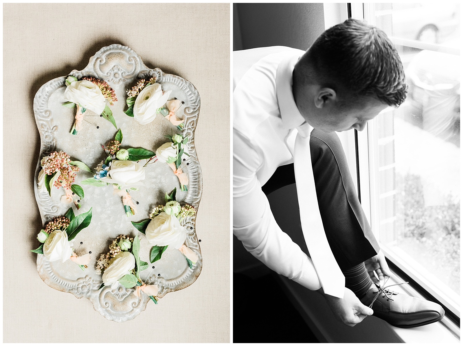 A tray of boutonnieres paired with a photo of a groom putting his shoes on.