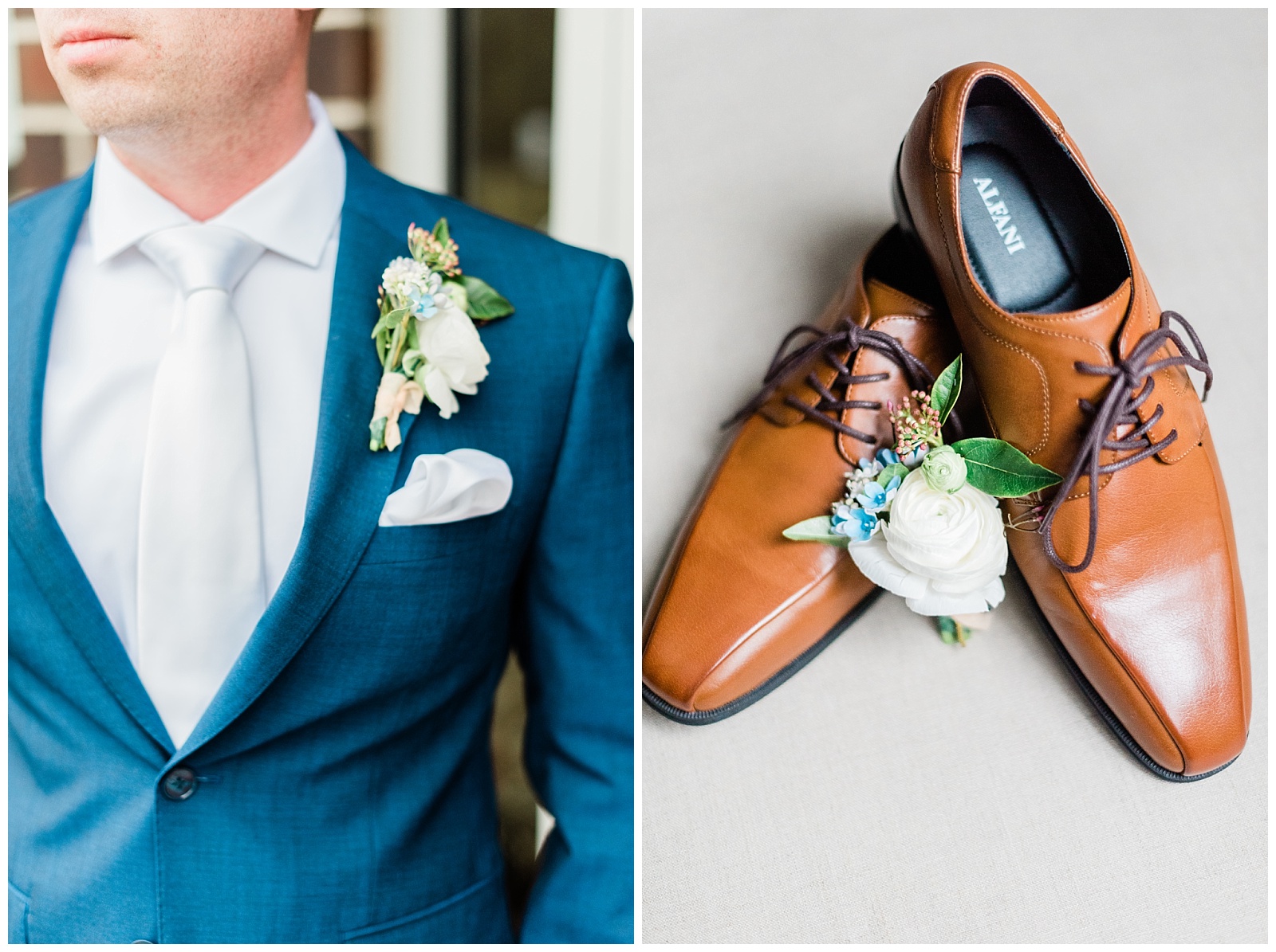 Close up of groom's boutonniere on his jacket, and with his shoes.