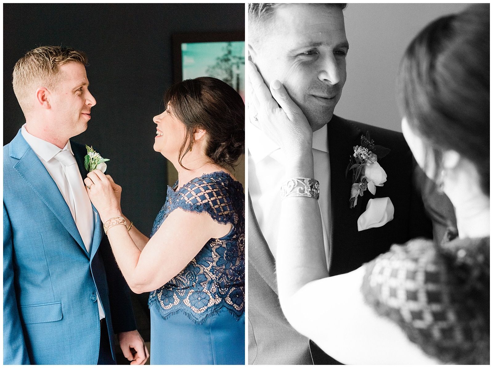 Groom's mother pins his boutonniere on his jacket.