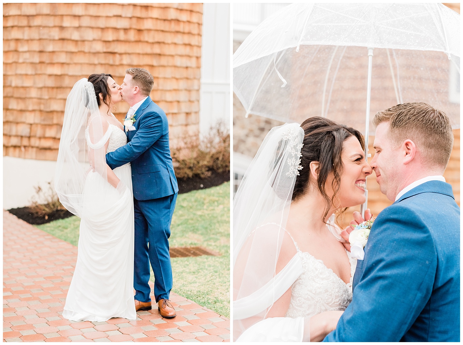 Bride and groom kiss in the rain at the Ryland Inn.
