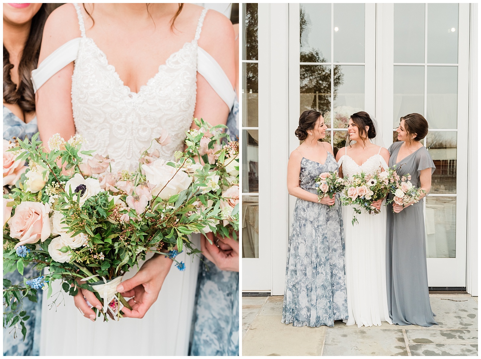 Bride and bridesmaids hold their bouquets looking at each other.
