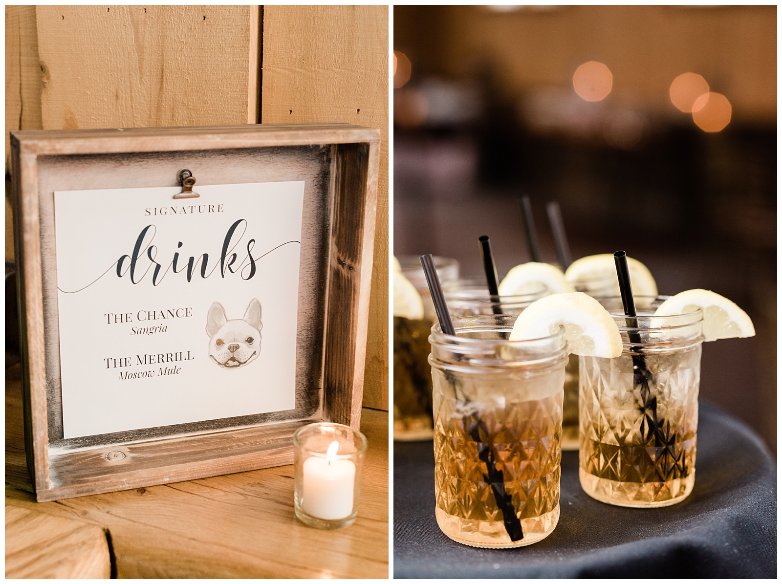 Signature drink sign featuring a french bulldog illustration paired with drinks in mason jar glasses.