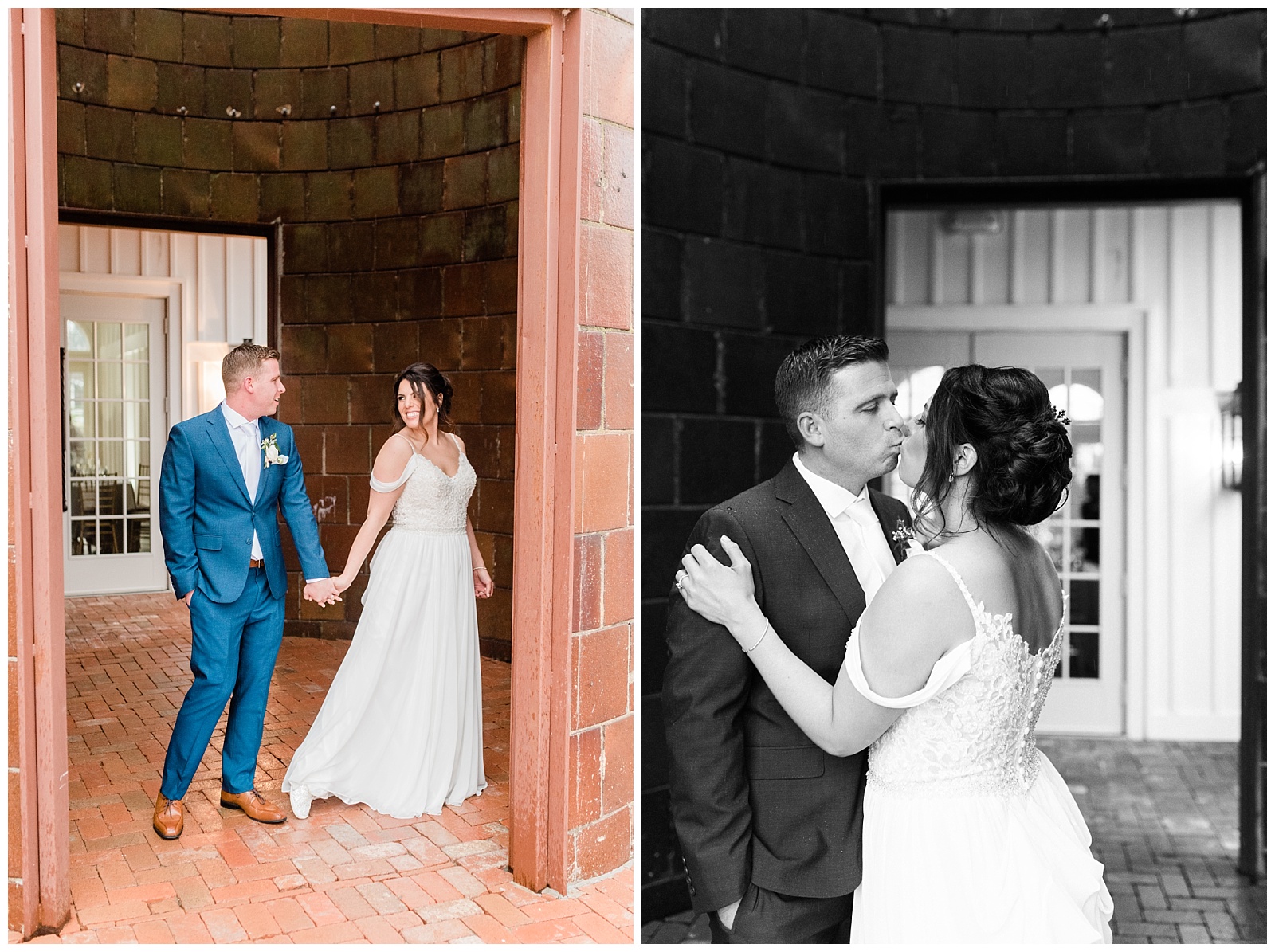 Bride and groom hold hands in the doorway of a silo at the Coach House at Ryland Inn.