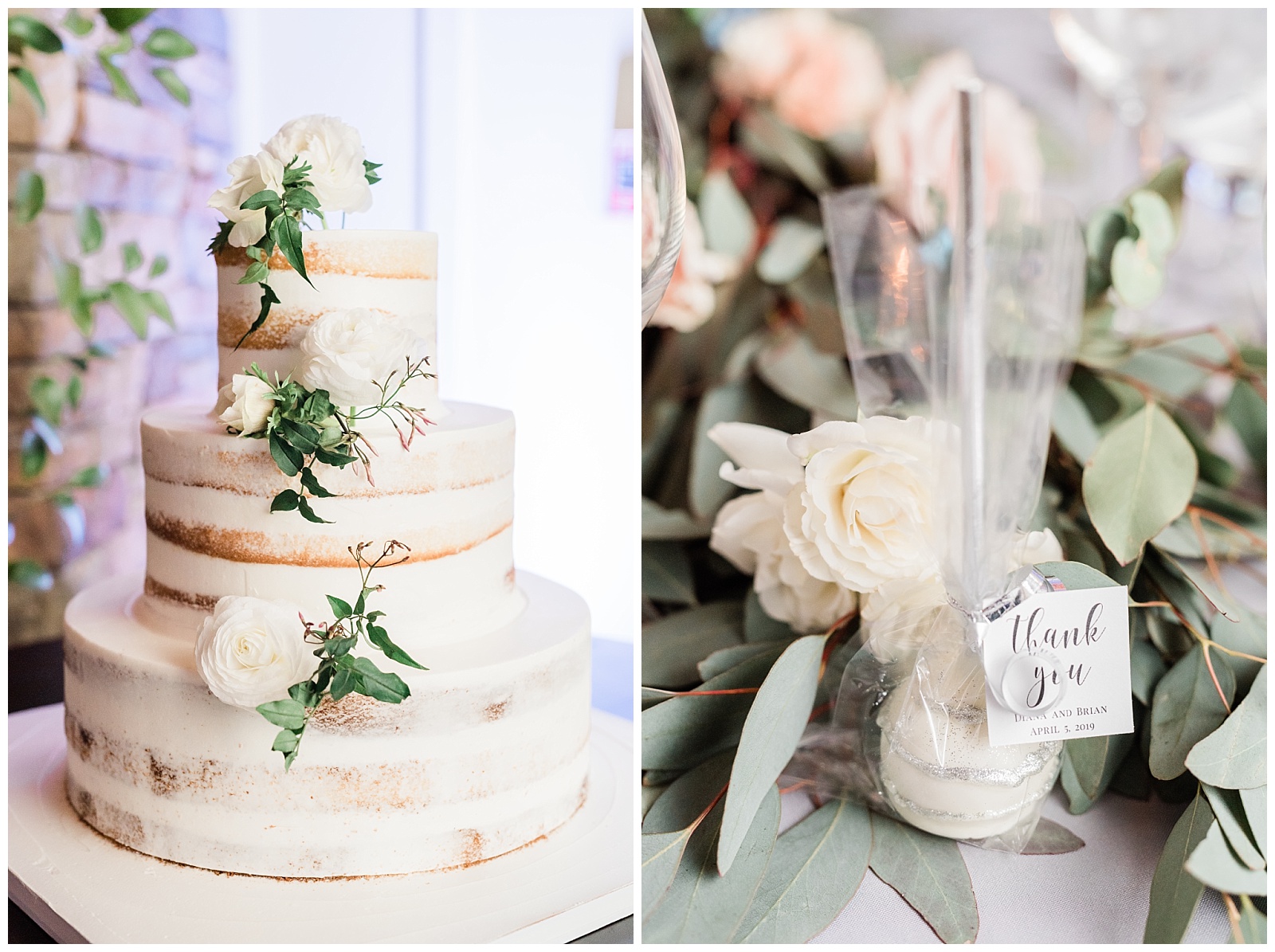 A naked wedding cake adorned with flowers paired with white cake pop favors.