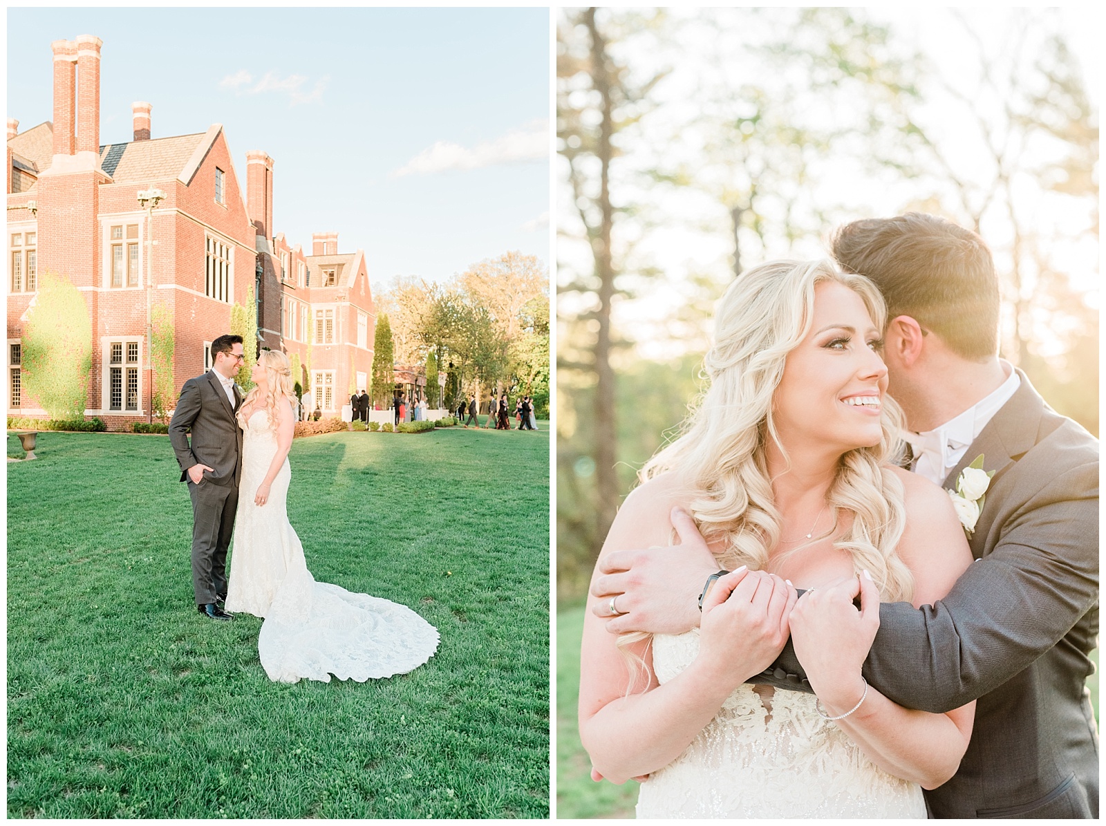 A bride and groom kiss outside of the Mansion at Natirar wedding venue at sunset.