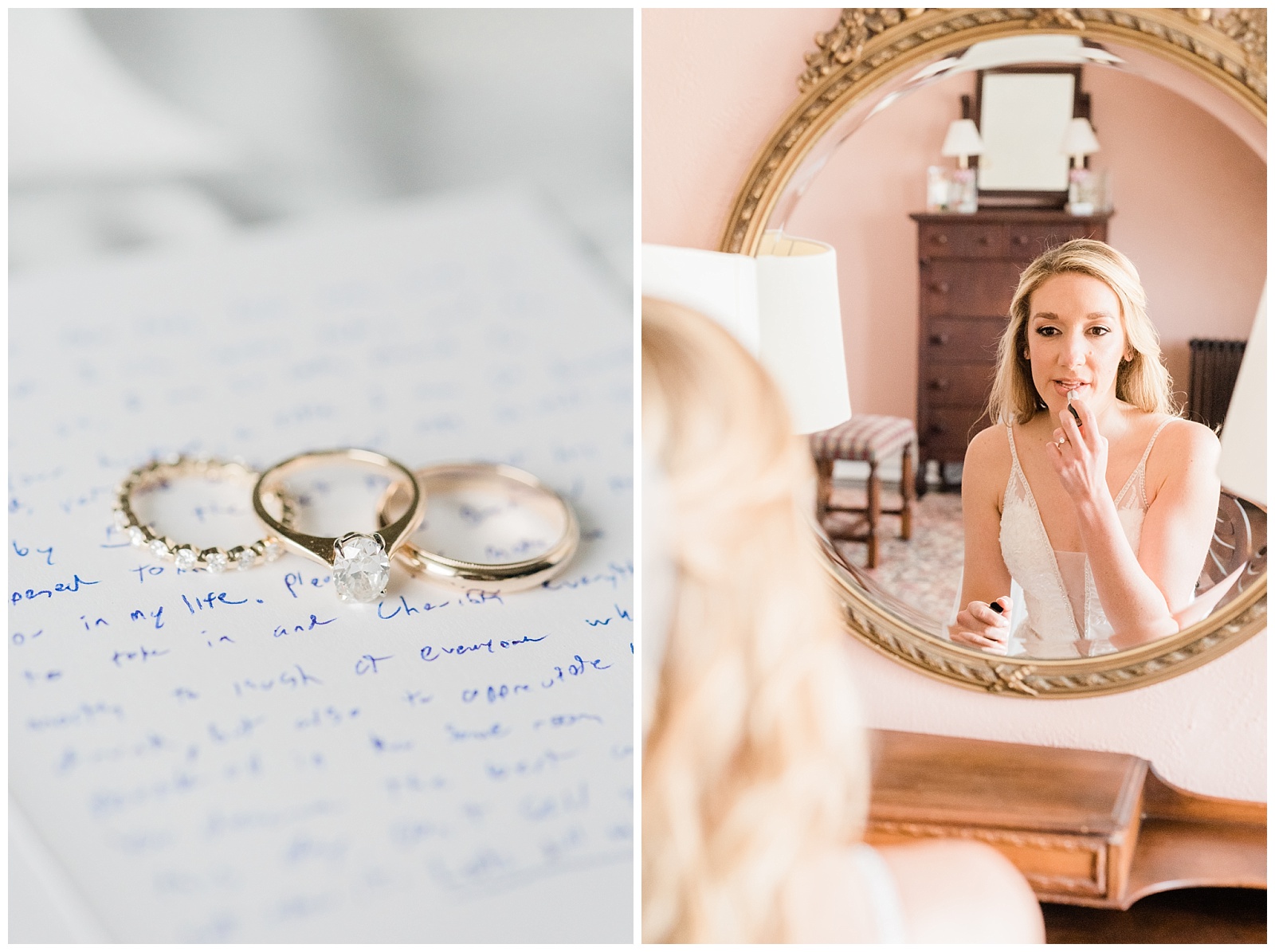 Wedding rings sit on a love letter, and a bride touches up her makeup in the mirror.