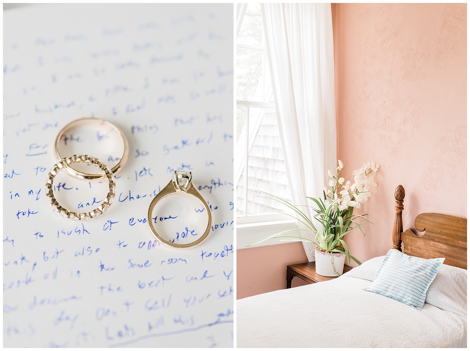 Wedding rings placed on a love letter written by the groom, paired with flowers on a bedside table in a pink bridal suite.
