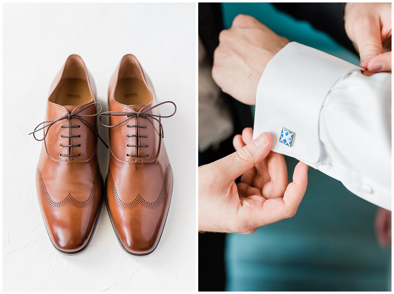 Groom's brown wedding shoes, paired with detail shot of him fixing his blue square cufflinks.