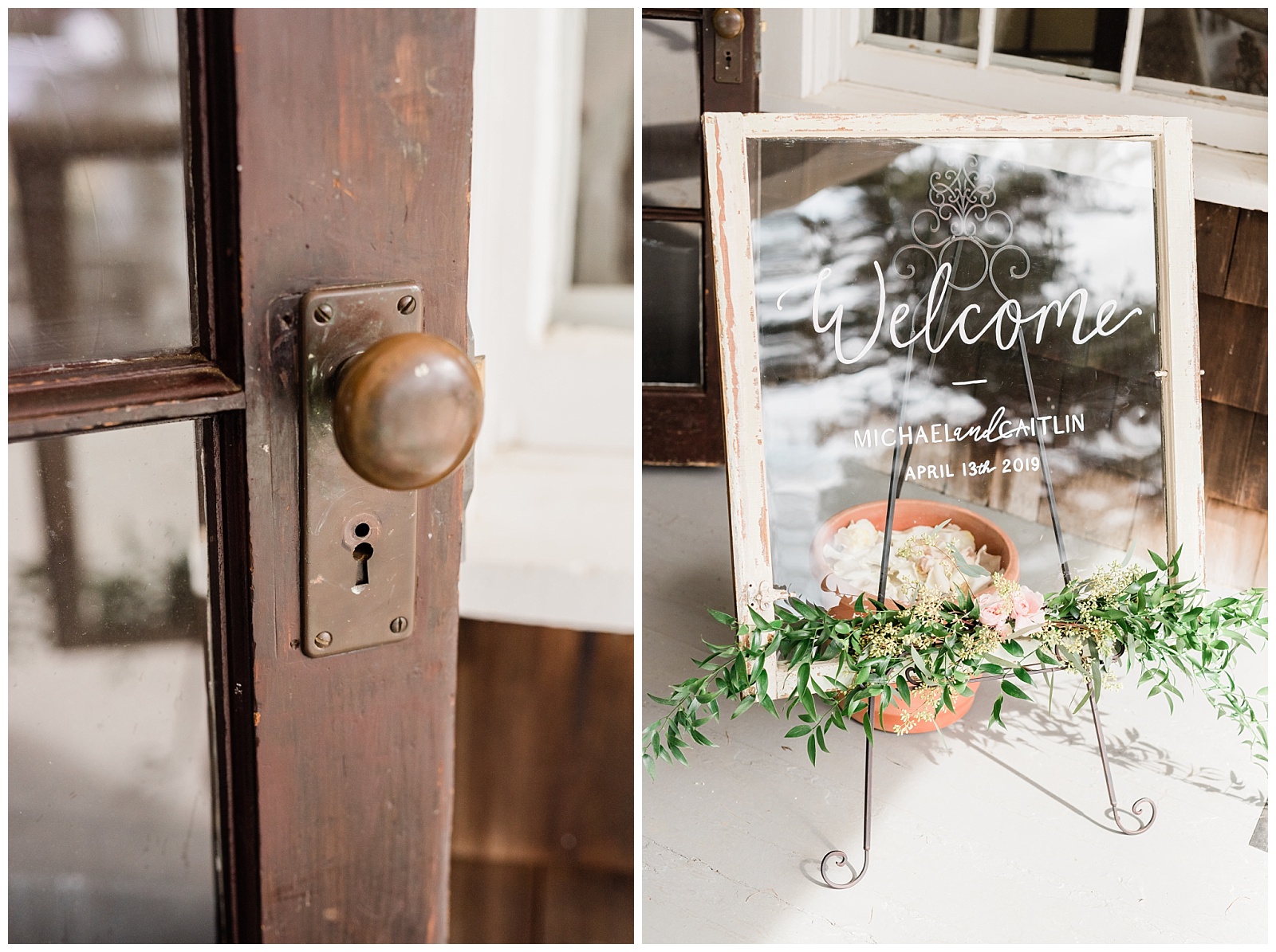 Clear glass welcome sign with calligraphy sits outside the door.