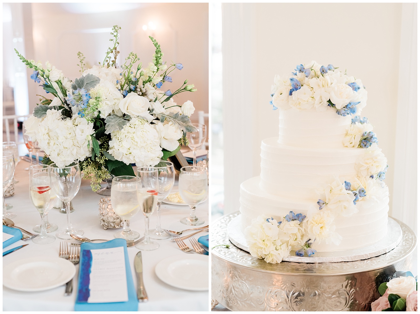 White and blue flowers decorate the table centerpieces and wedding cake at the reception.