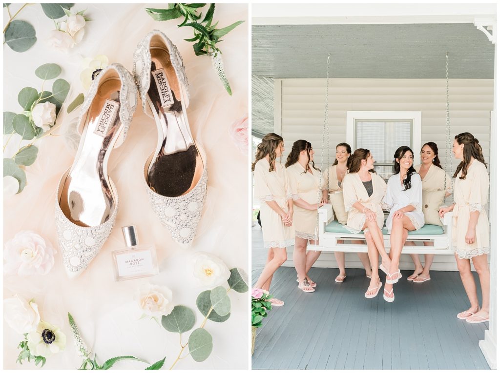 A bride and her bridesmaids sit on a porch swing on the morning of her wedding.