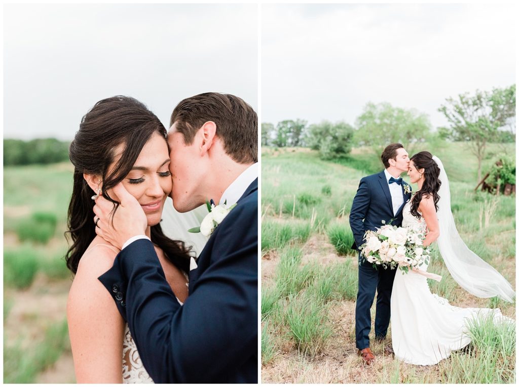 The groom kisses his bride in a field of tall grass.