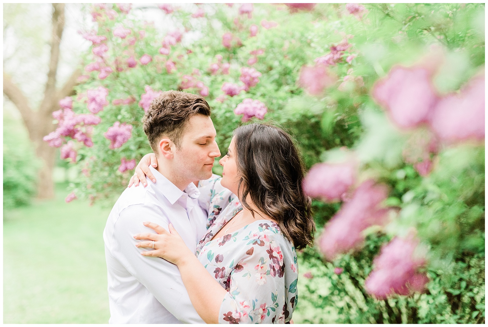 A couple holds onto each other in the middle of lilac trees in a botanical garden.