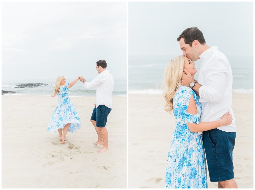 A couple slow dances together on the beach.