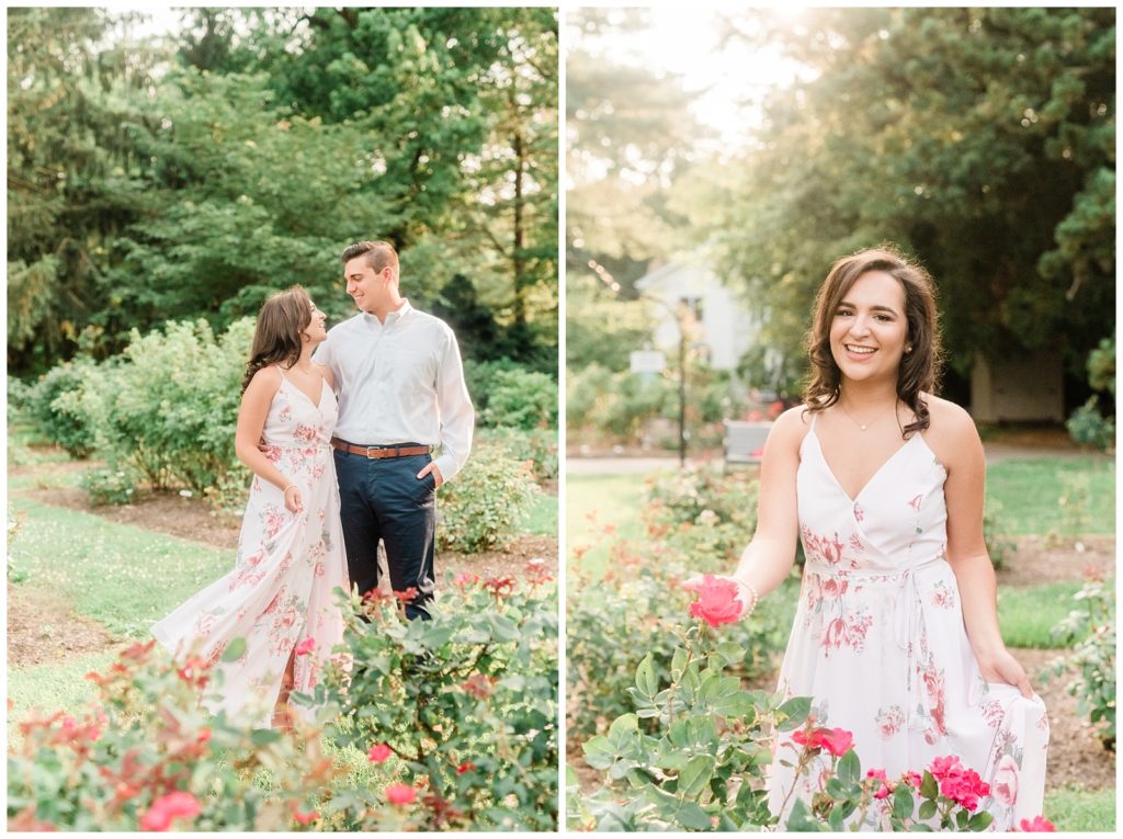A couple looks at each other while standing in Brookdale Park Rose Garden.