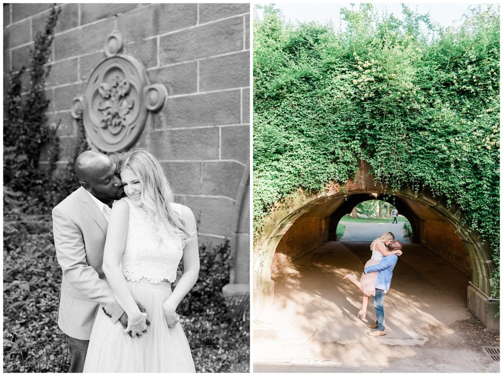 A man lifts up his fiance in front of trefoils arch in Central Park.