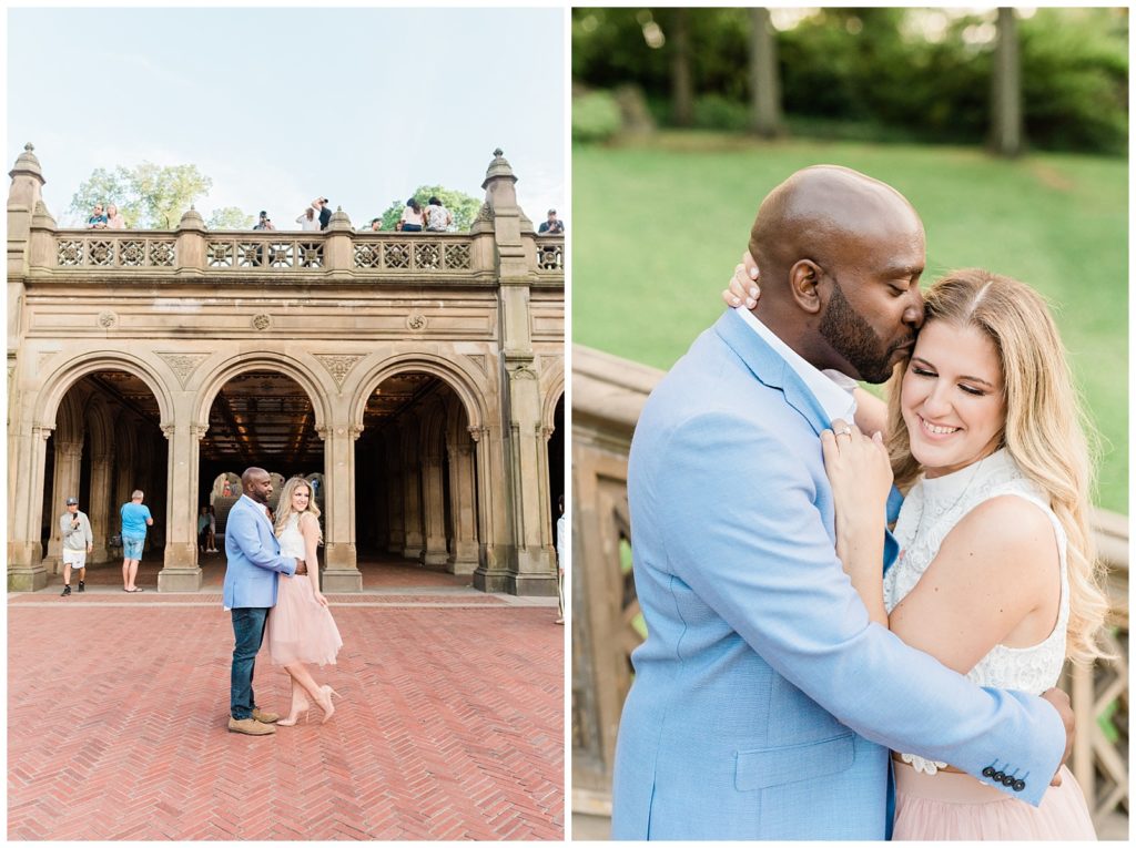 A couple holds onto each other in front of the Bethesda Terrace in Central Park.