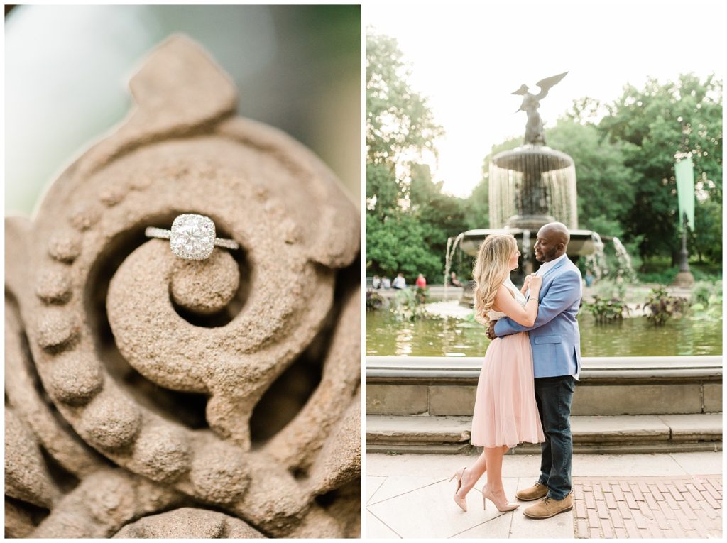 A couple hugs in front of the Bethesda Fountain.