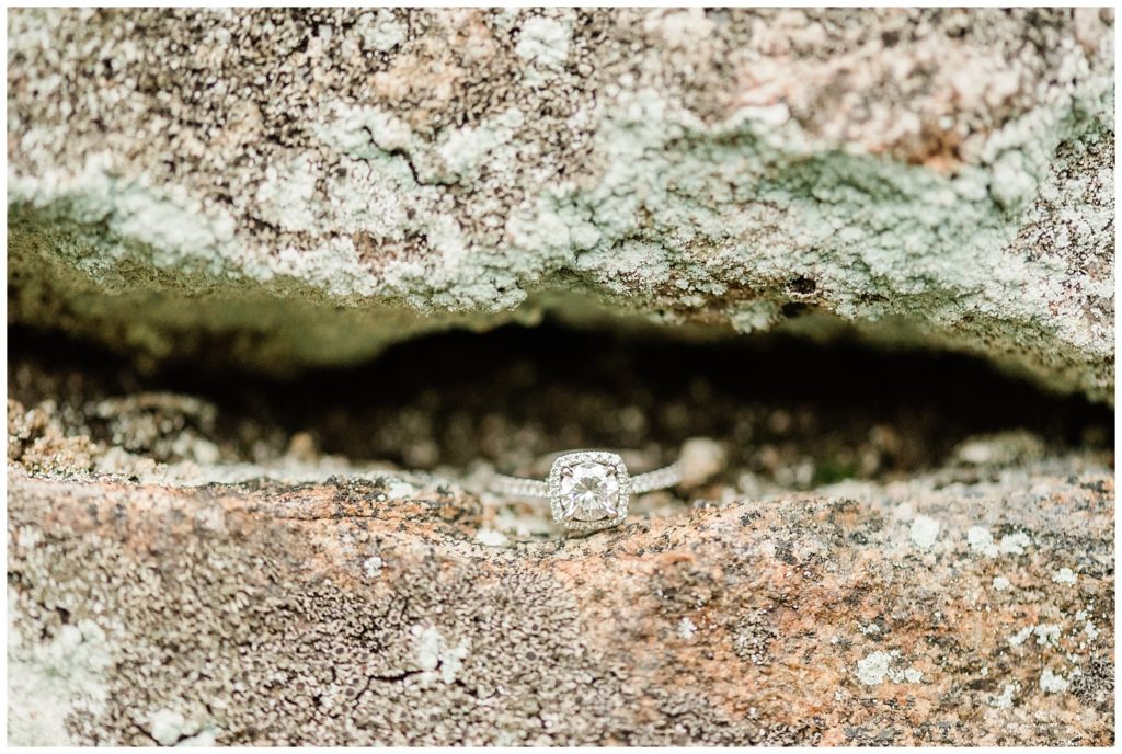 A white gold diamond engagement ring sits on a stone in a garden.