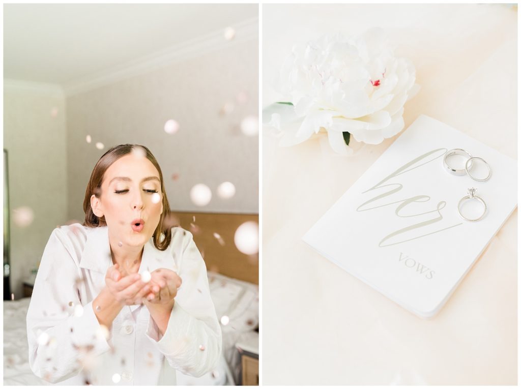 A bride blows a handful of confetti.