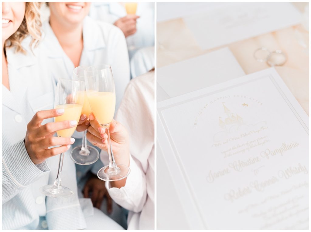 A bride toasts mimosas with her bridesmaids.