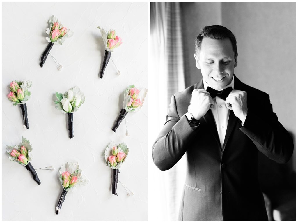 The groom adjusts his bow tie, paired with several boutonnieres.