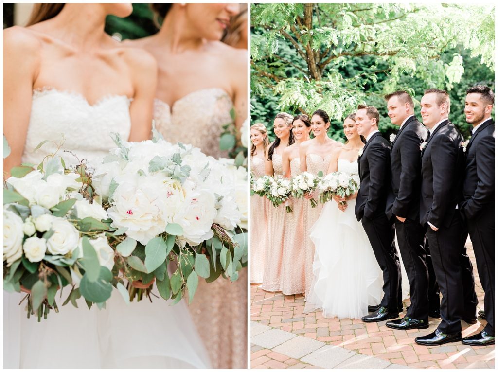 Bride and bridesmaids bouquets with white peonies and greenery.