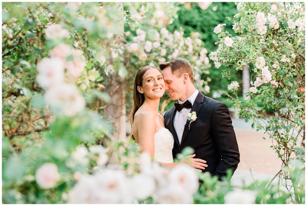 A groom nuzzles into his bride's temple in the middle of a rose garden.