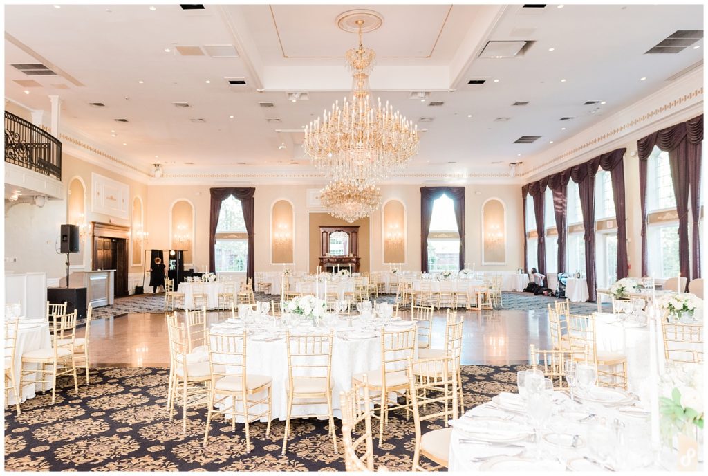 Ballroom set for the reception at the Estate at Florentine Gardens in Rivervale NJ.