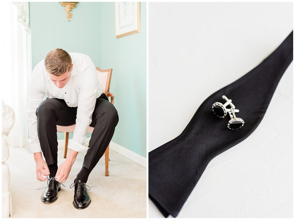 The groom ties his shoes to get ready for his wedding.