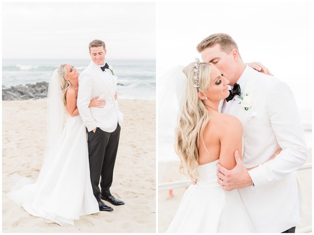 The bride and groom hold each other on the beach in Spring Lake New Jersey.