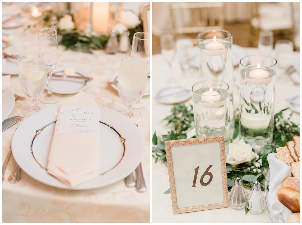 Reception table details including menus, place settings, and table numbers.