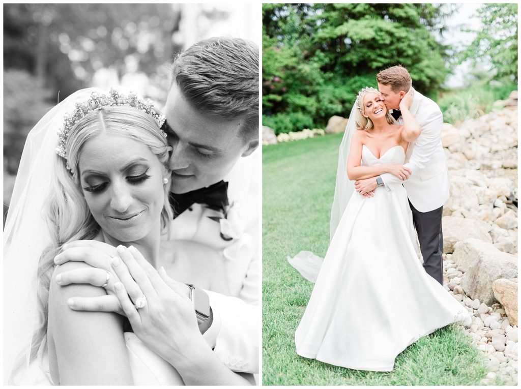 Groom kisses the bride's temple and wraps her up, while she wears her Maria Elena headpiece.