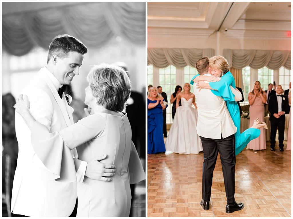 The groom dances with his mom during the wedding reception.