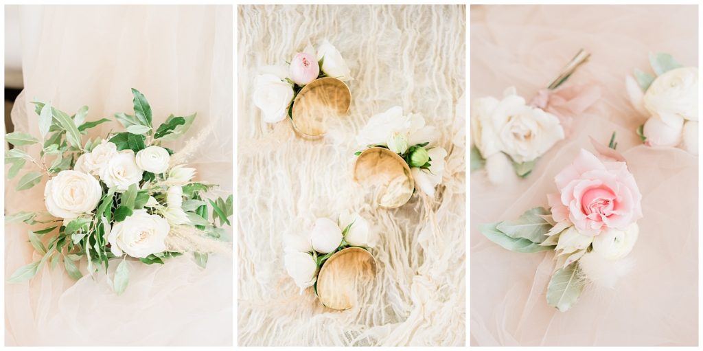 Floral elements from a wedding day including a ring bearer arrangement, floral cuffs, and boutonnieres.