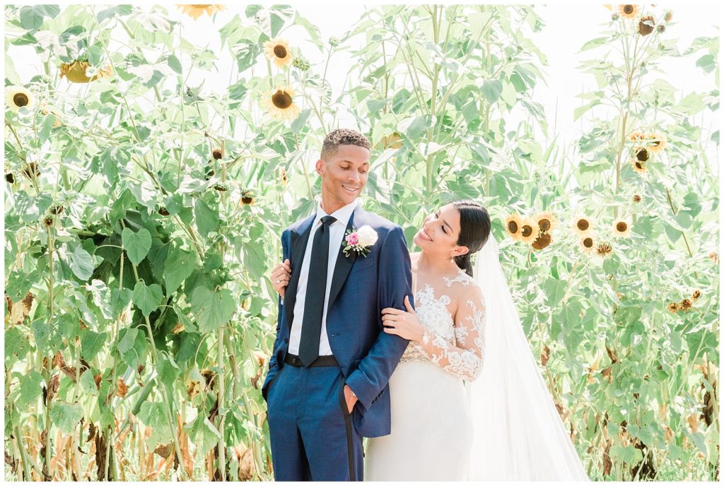 A bride hugs her groom in front of a field of sunflowers at Locust hall Farm.
