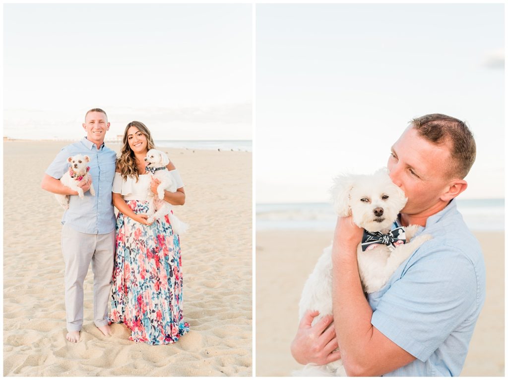 A split photo. The left side shows Alessandra and Jim standing in teh sand with the ocean behind them. Each one of them is holding one of their small white pups, Jeter and CC.  On the right a close up of Jim with a pup in his arms and a faint view of the beach behind him. 