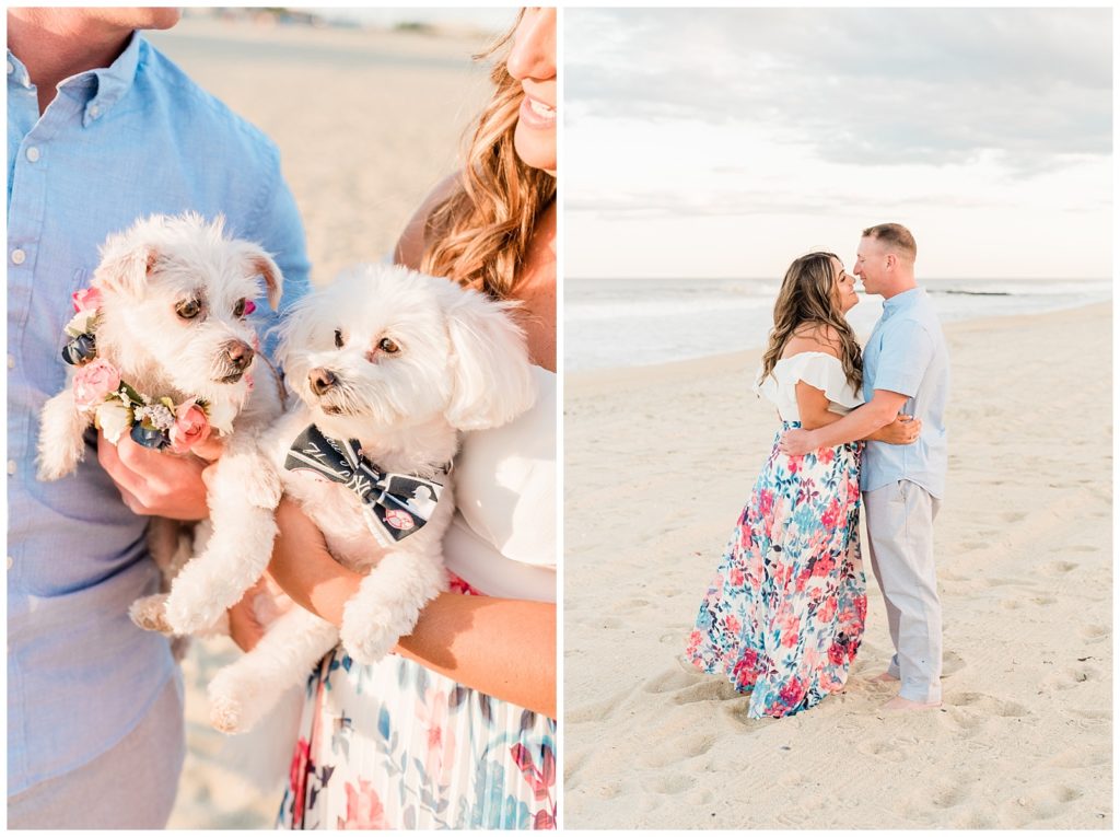 A split image. On the left a close up of Jeter and CC with the sand behind them. Jeter and CC are being held. On the right, Alessandra and Jim embrace on the beach, with the ocean behind them. 