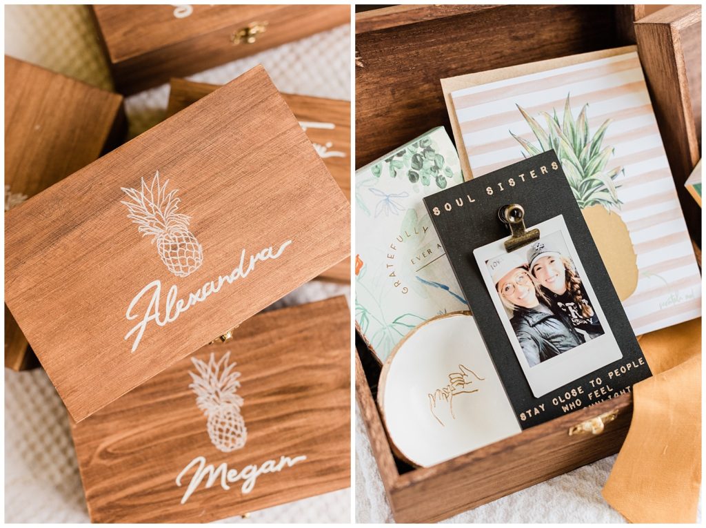 Wooden boxes with pineapples for bridesmaids proposal gifts.