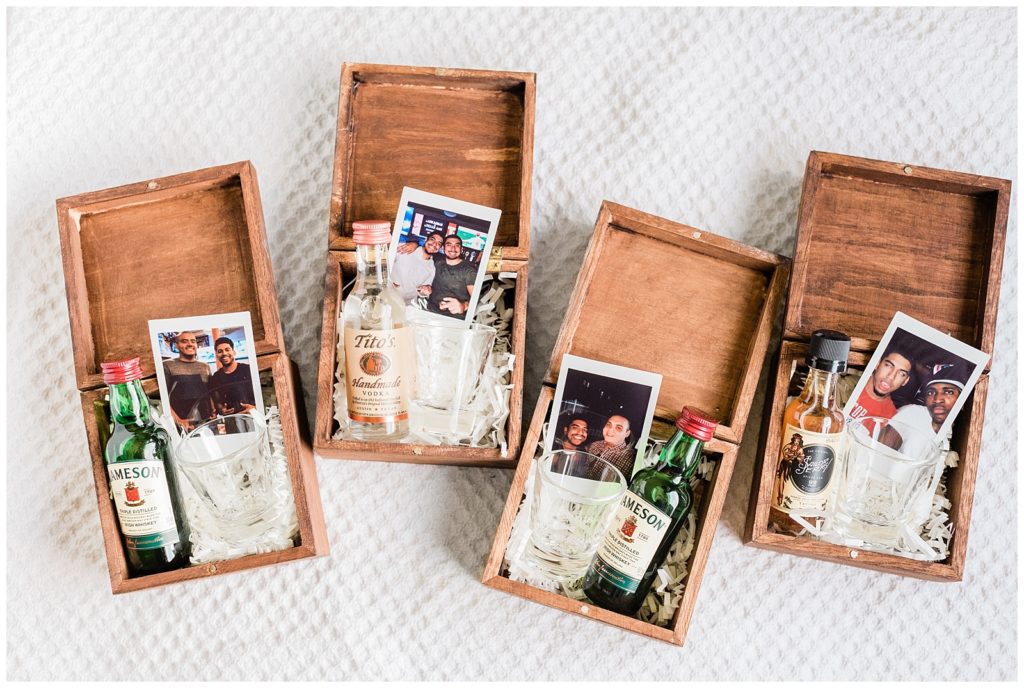 Groomsmen proposal gift idea with polaroid picture, custom shot glass and alcohol nip bottle.