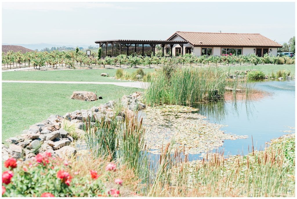 View of the pond in front of the wedding venue, Avensole Winery in Temecula, California.