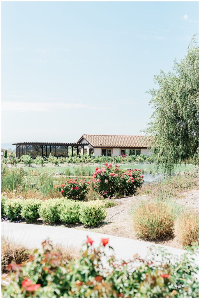 The gardens and main wedding venue building at Avensole Winery in Temecula, Southern California.