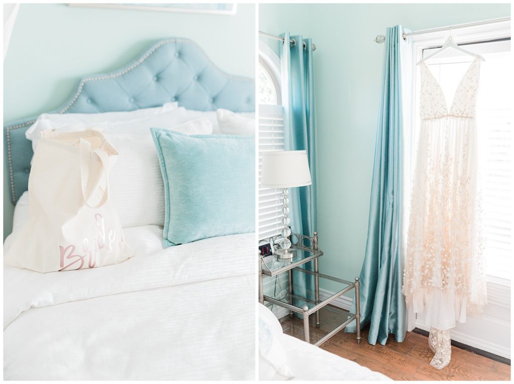 Light blue bedding and walls in the bedroom area of the Bridal Cottage at Avensole Winery in Temecula, California.